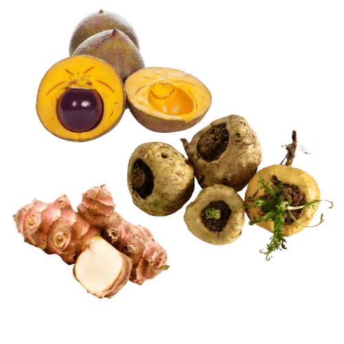 Superfoods Lucuma, Maca und Topinmabur liegen nebeneinander